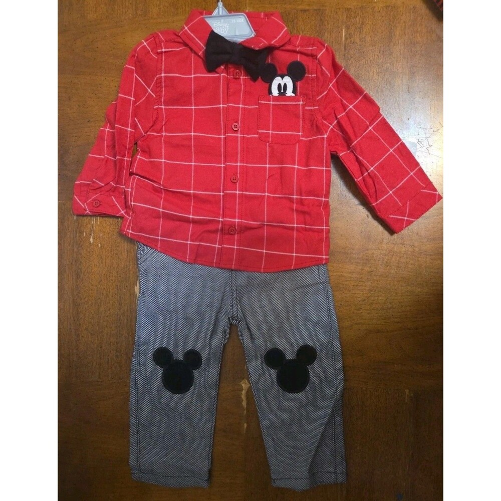 Disney Store Mickey Mouse Holiday Shirt & Pant Set Baby Bow Tie 12/18 Mo Easter